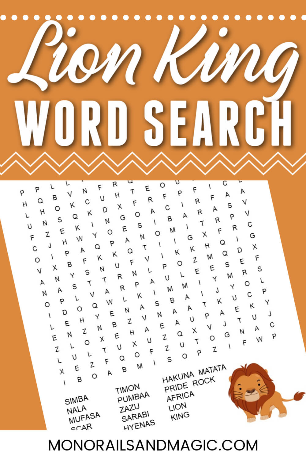 Free printable Lion King word search for kids.
