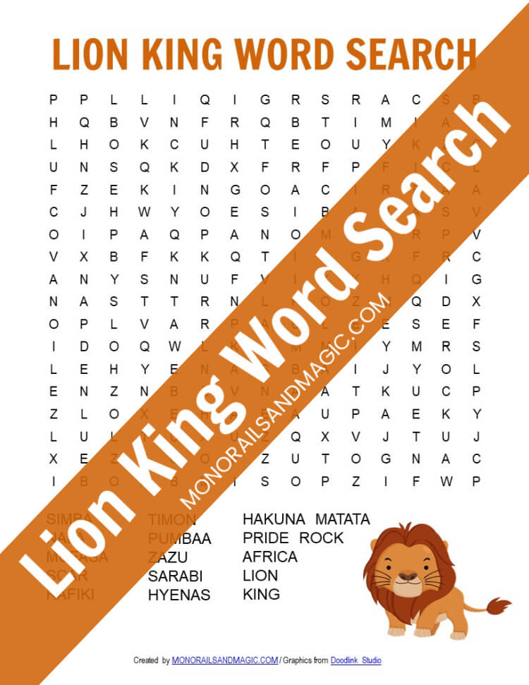 Free printable Lion King word search for kids.