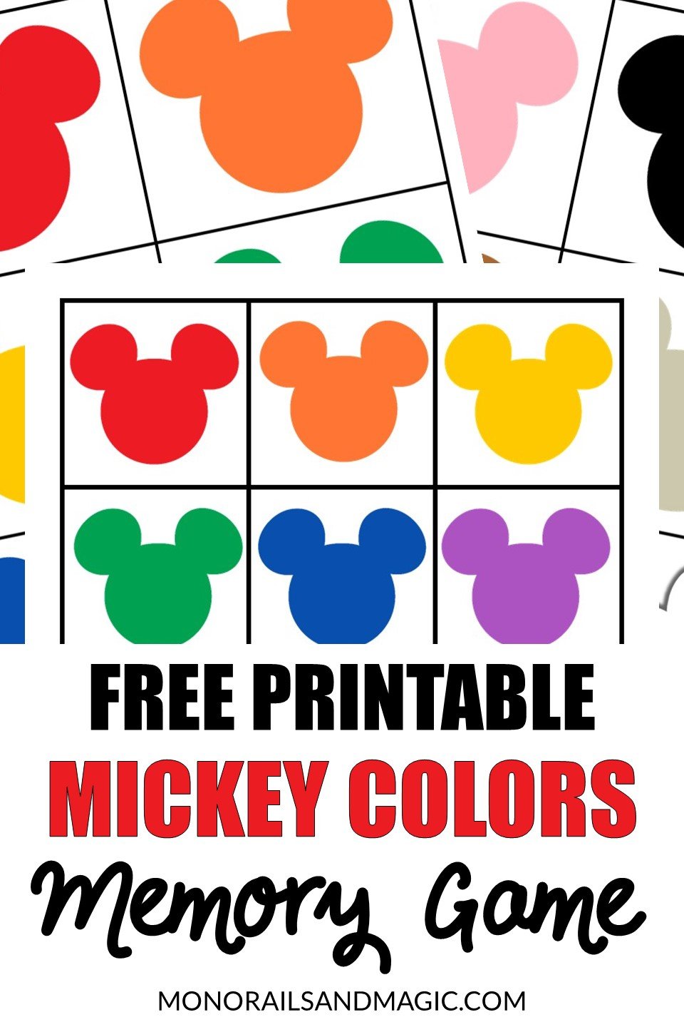 Free printable Mickey Mouse colors memory game for kids.
