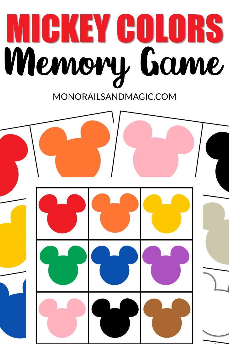 Free printable Mickey Mouse colors memory game.