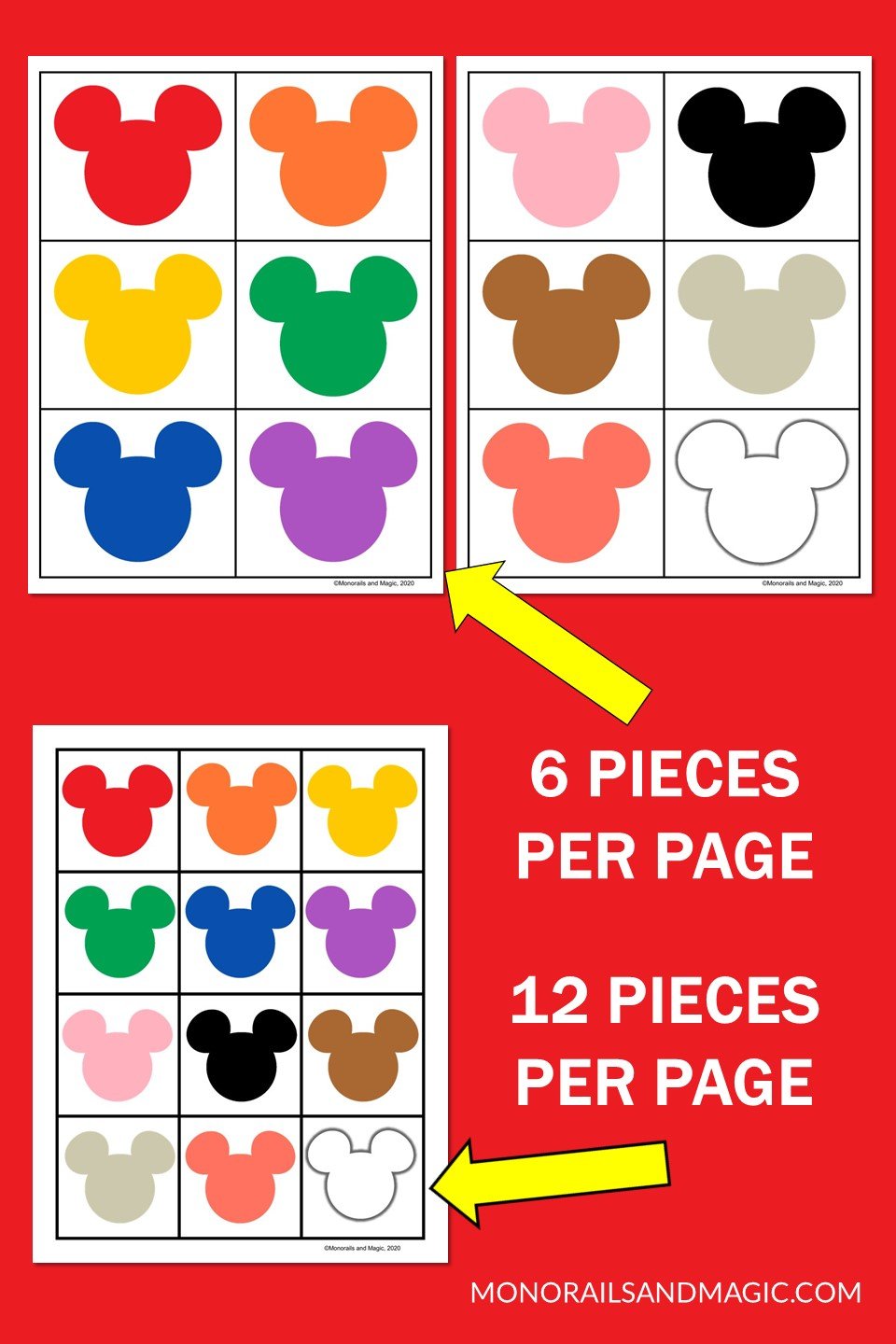 Free printable Mickey mouse colors memory game.