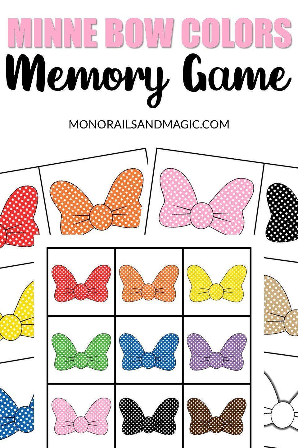 Free printable Minnie Mouse bow colors memory game for kids.