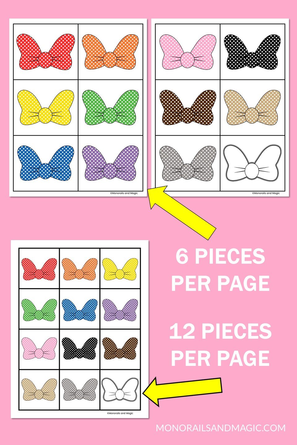Free printable Minnie Mouse bow colors memory game for kids.