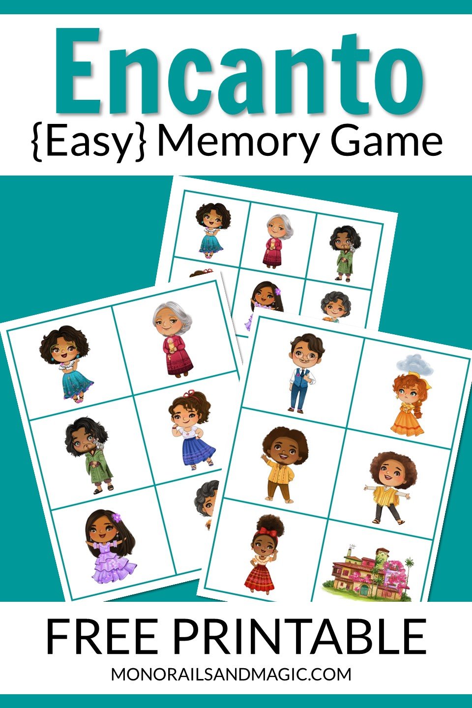 Free printable Encanto memory game for kids.