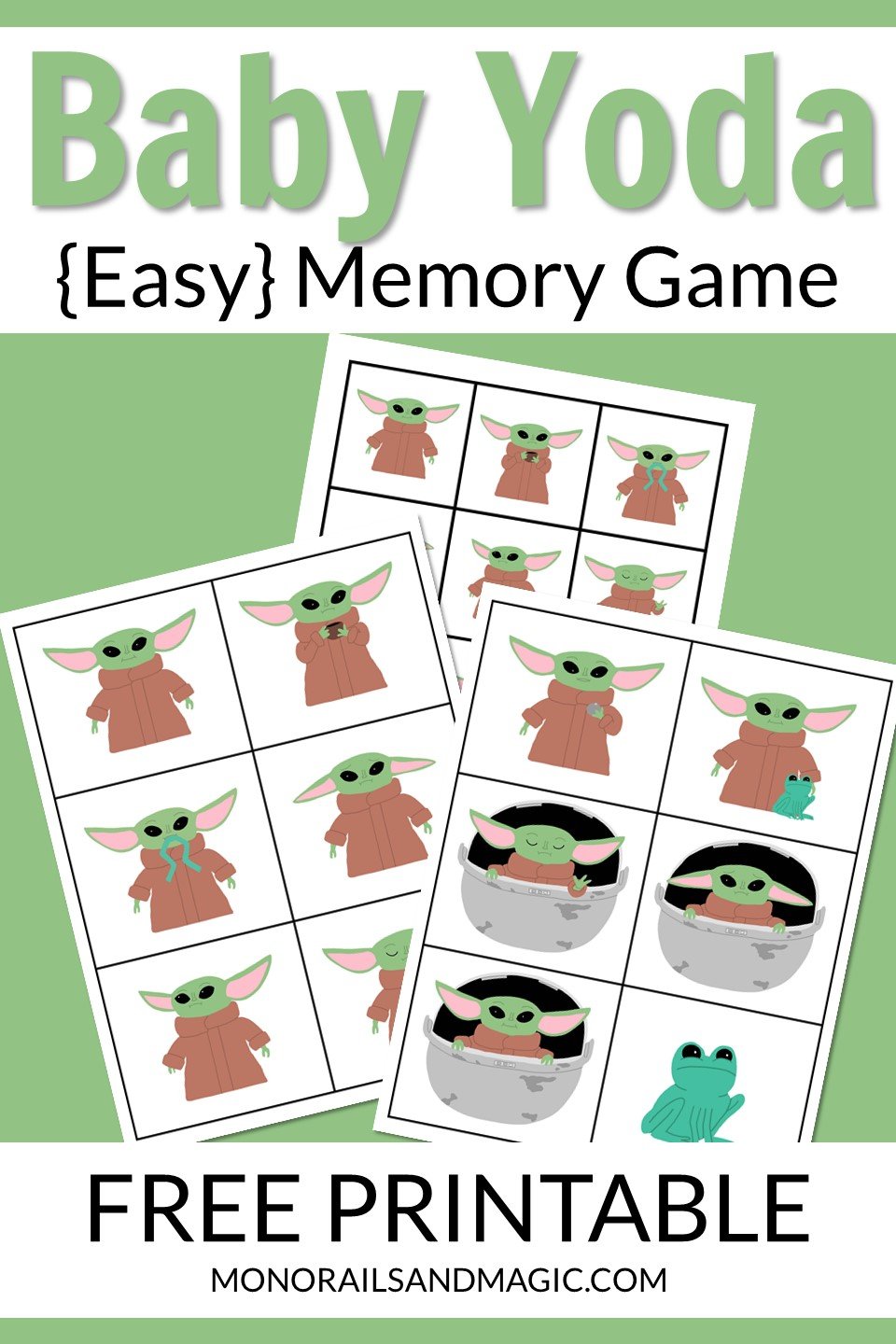 Free printable Baby Yoda memory matching game for kids.