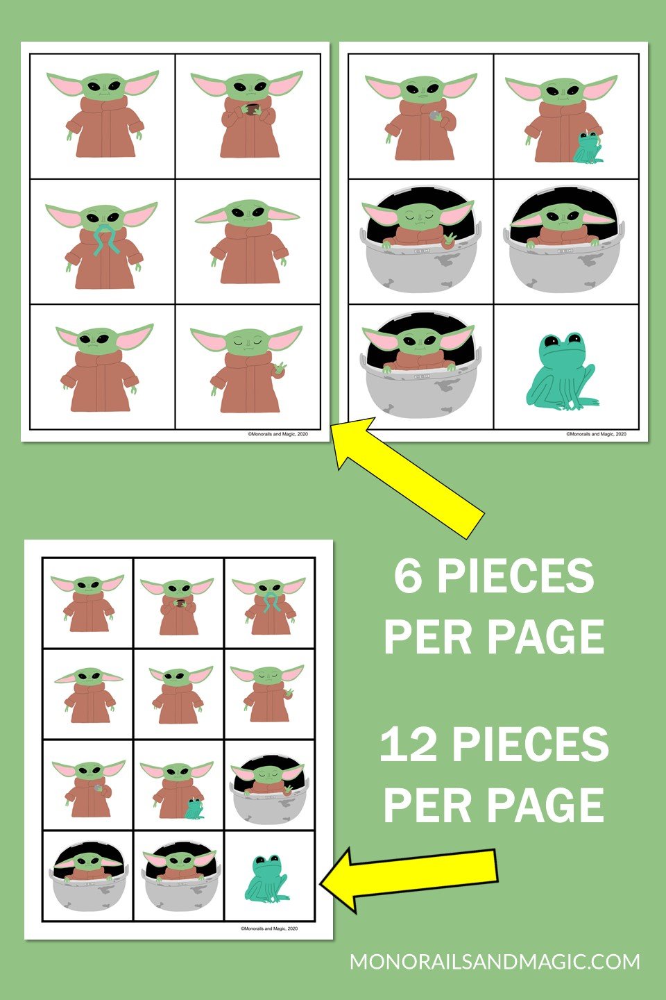Free printable Baby Yoda memory game for kids pieces.