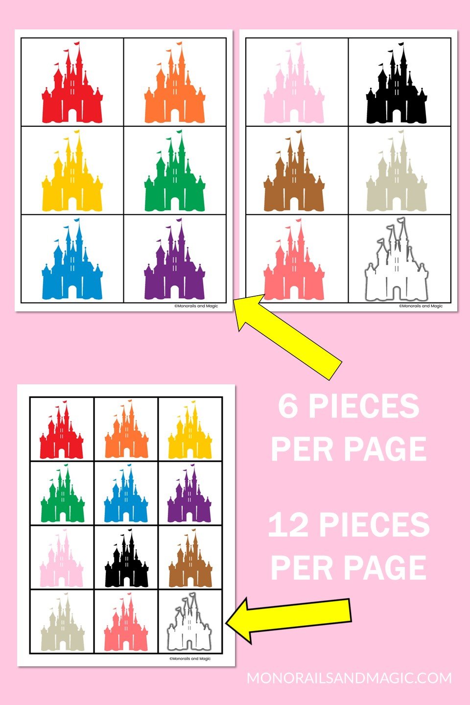 Free printable Disney castle colors memory game for kids pieces.