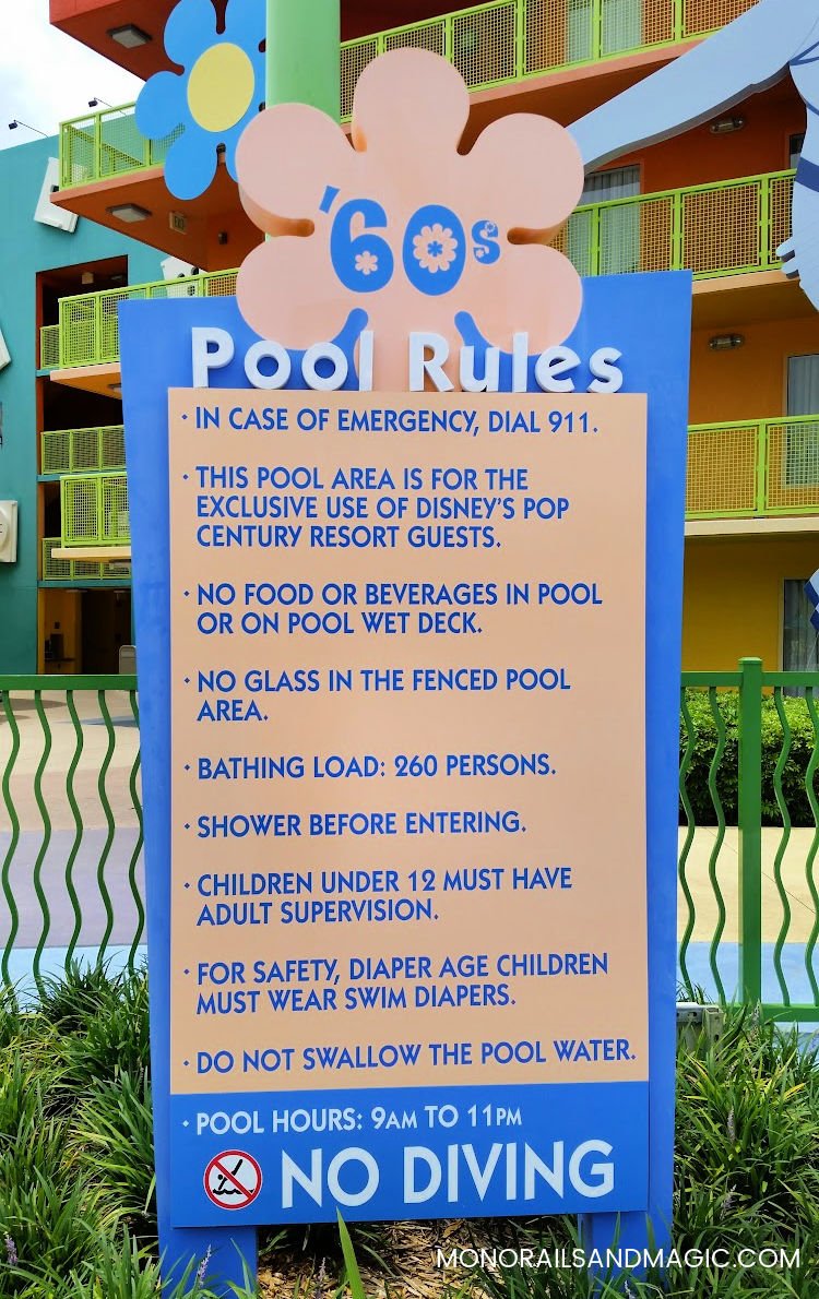 Rules listed at the Hippy Dippy pool at Disney's Pop Century Resort.