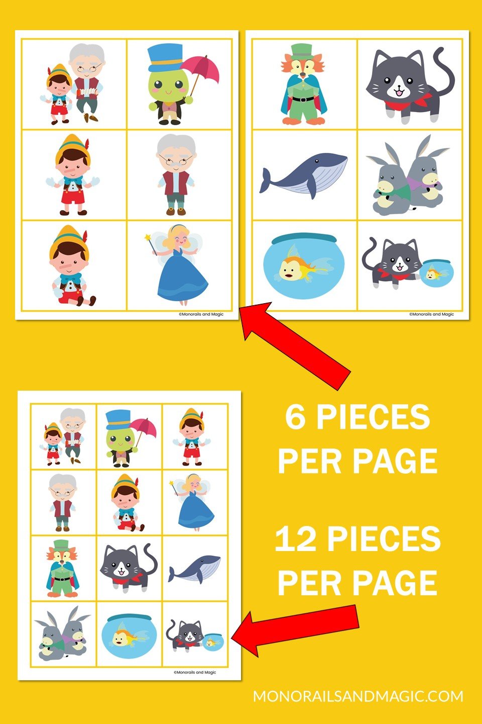 Pinocchio memory game free printable pieces.