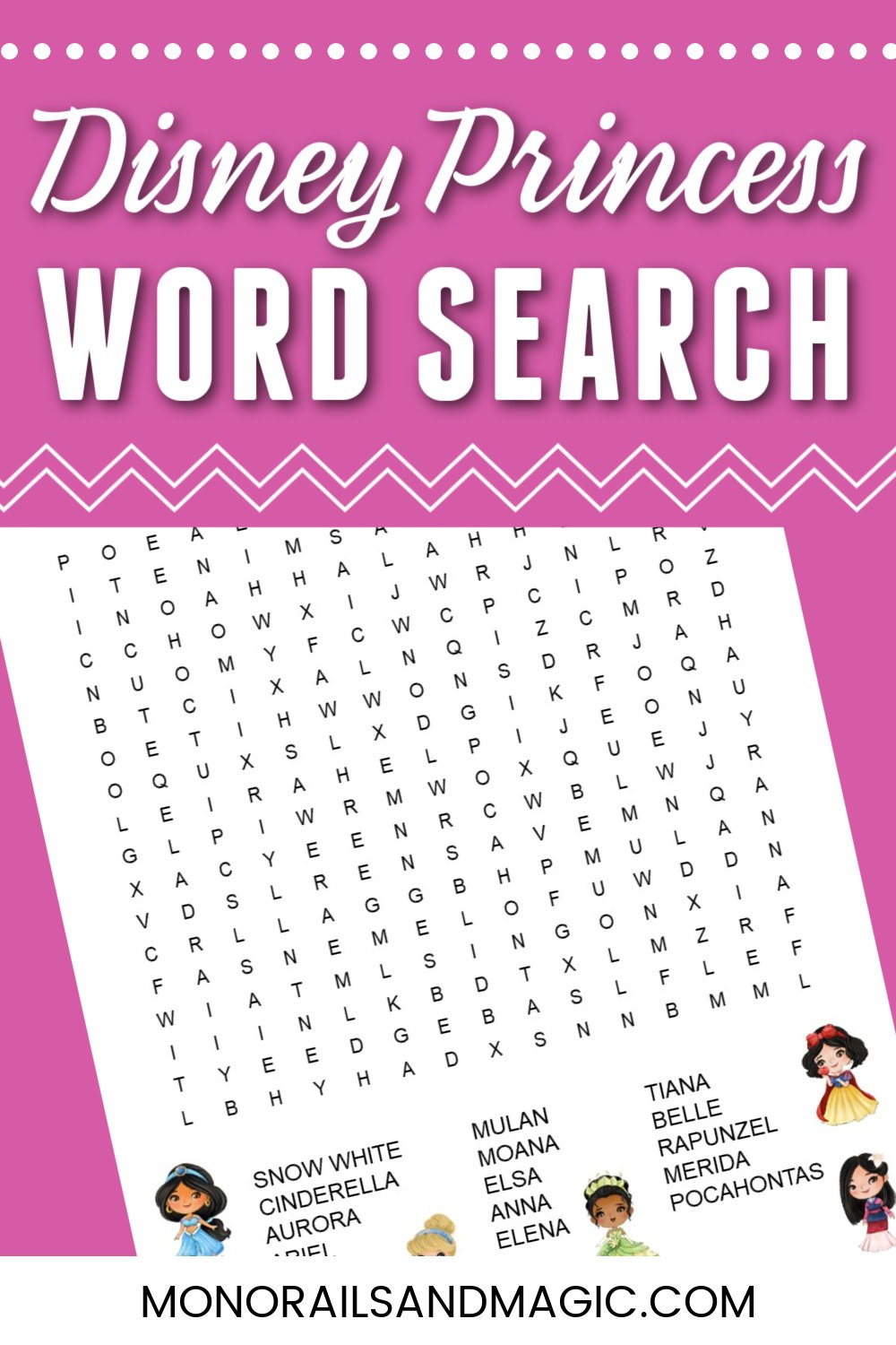 Free printable Disney princess word search for kids.