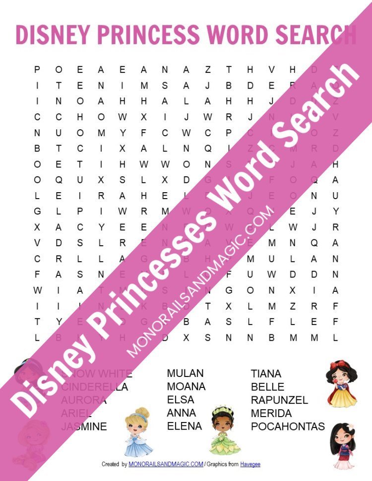 Disney princess word search free printable for kids.