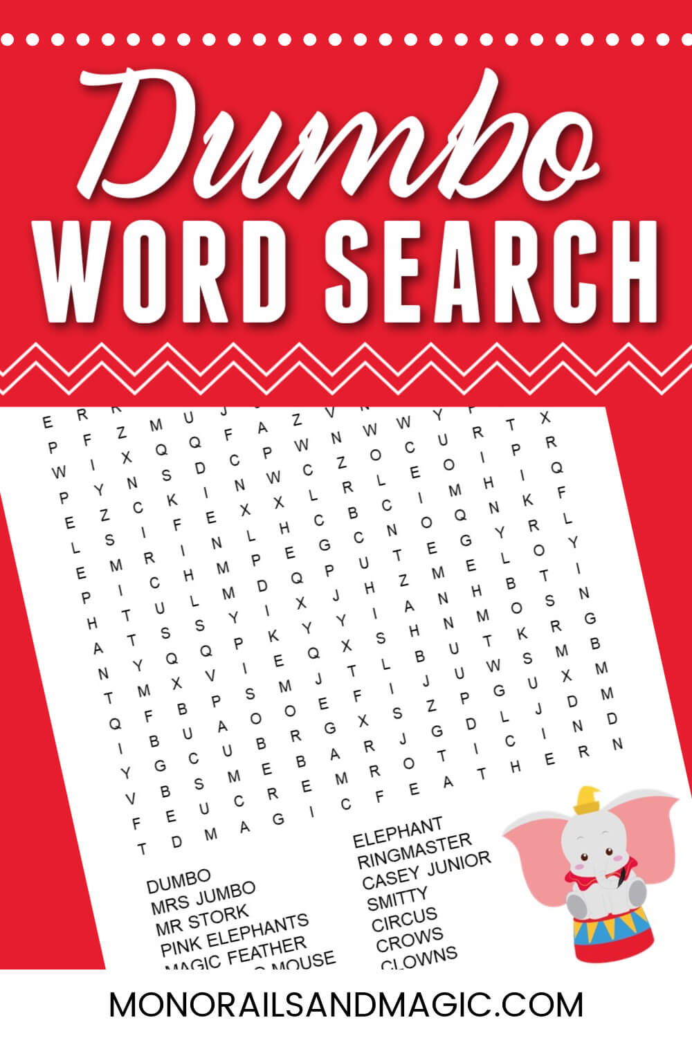 Free printable Dumbo word search for kids.