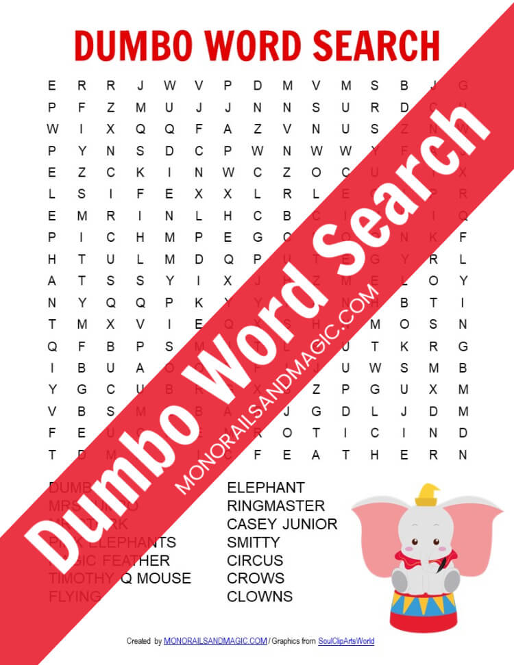 Free printable Dumbo word search for kids.