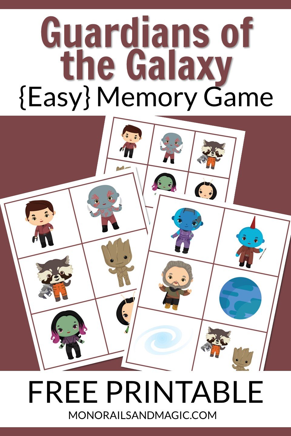 Free printable Guardians of the Galaxy memory game for kids.
