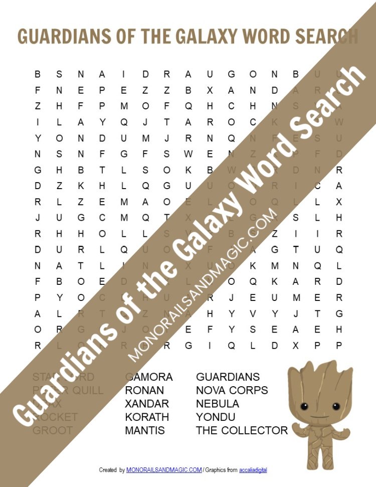 Free printable Guardians of the Galaxy word search for kids.