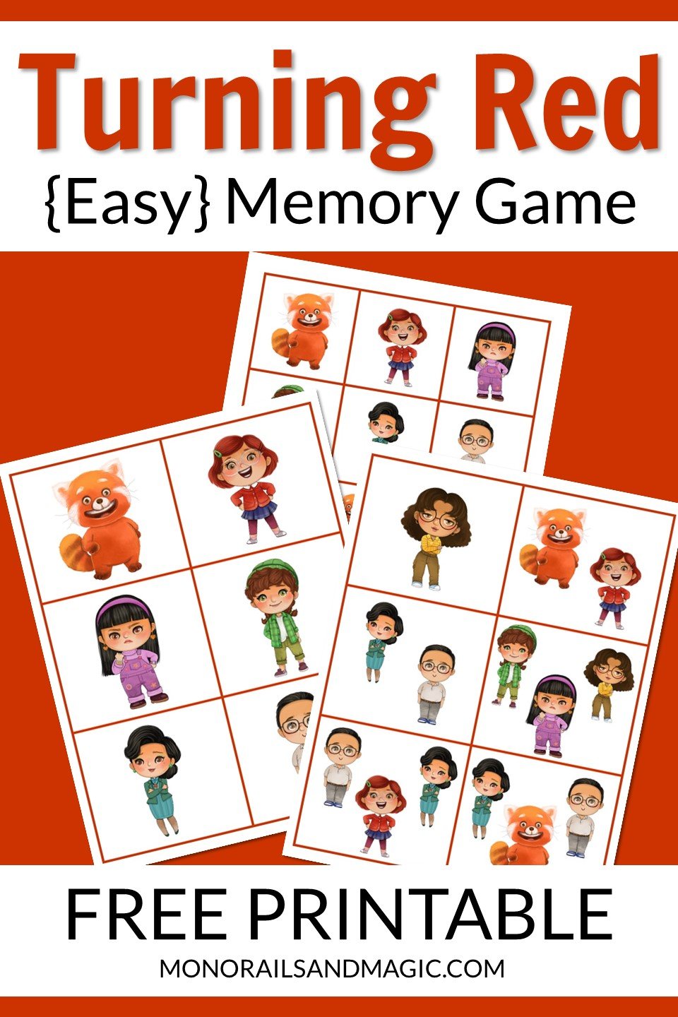 Free printable Turning Red memory game for kids.