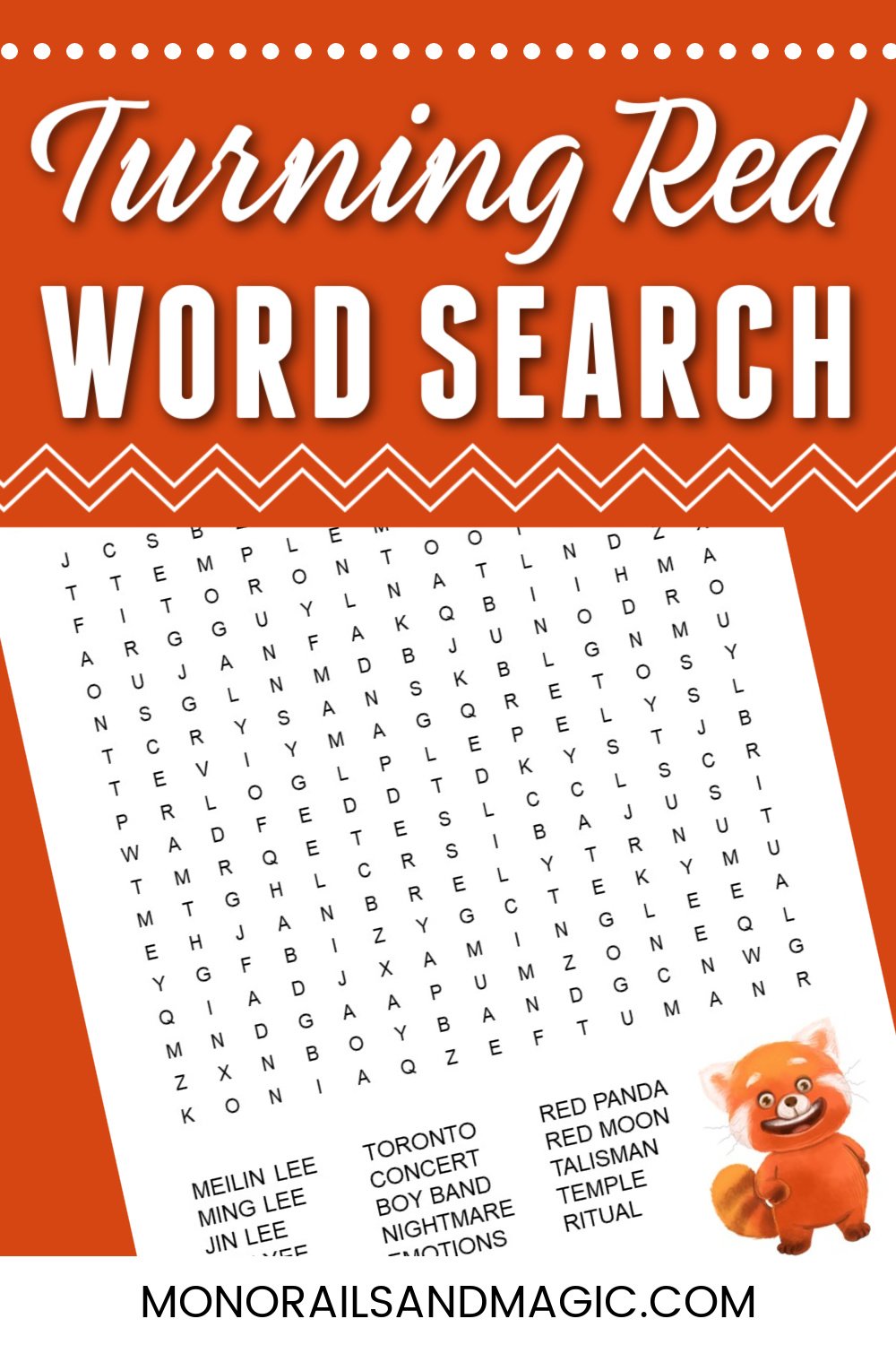 Free printable Turning Red word search for kids.