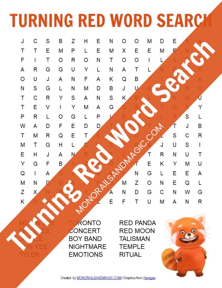 Turning Red Word Search Free Printable