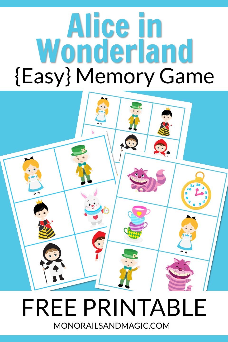 Free printable Alice in Wonderland memory game for kids.
