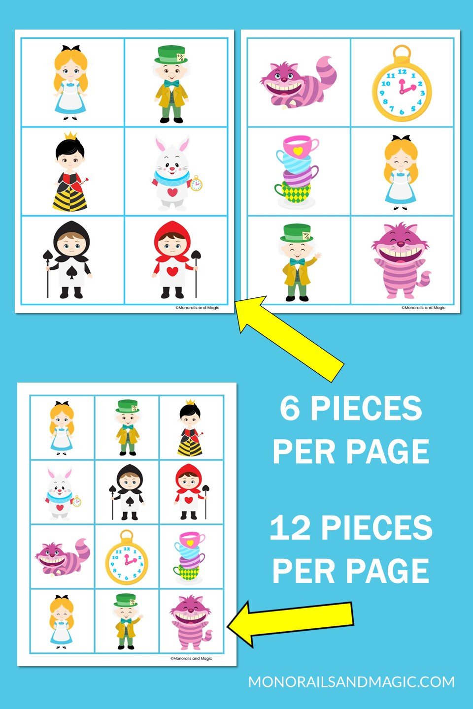 Free printable Alice in Wonderland memory game for kids.