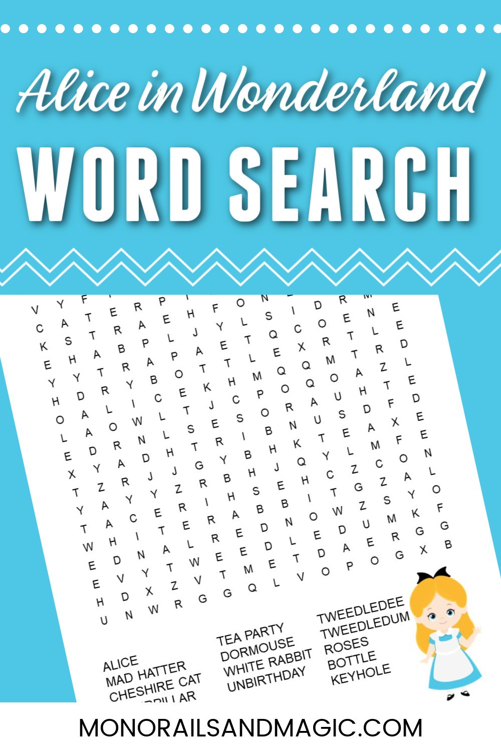 Free printable Alice in Wonderland word search for kids.