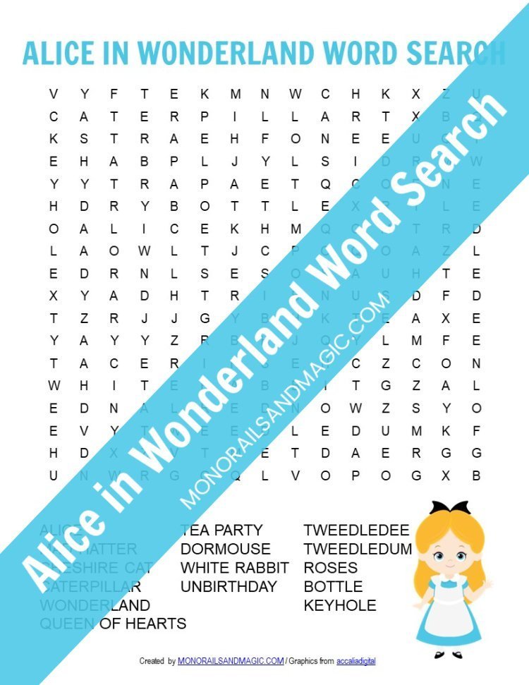 Free printable Alice in Wonderland word search for kids.