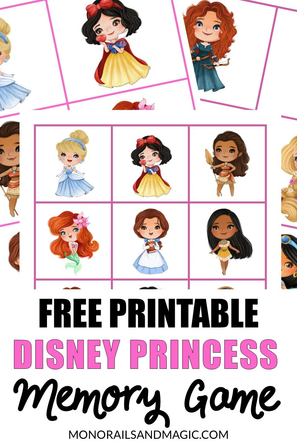 Free printable Disney princess memory game for kids.