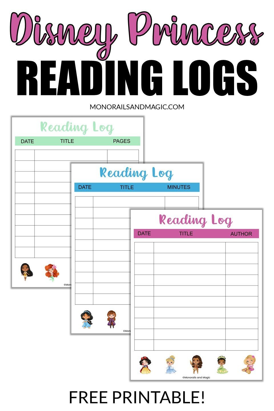Free printable Disney princess themed reading logs.