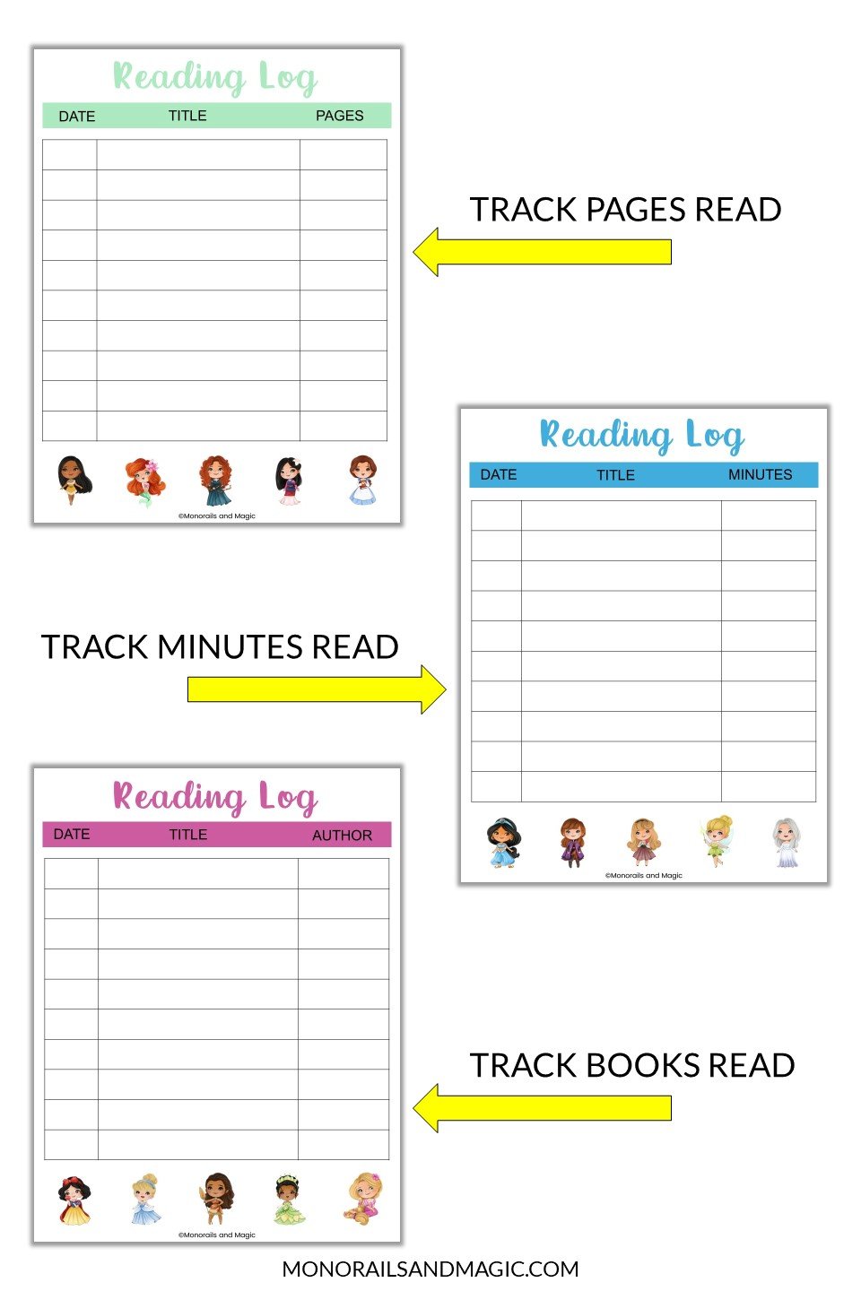 Free printable Disney princess inspired reading logs for kids.