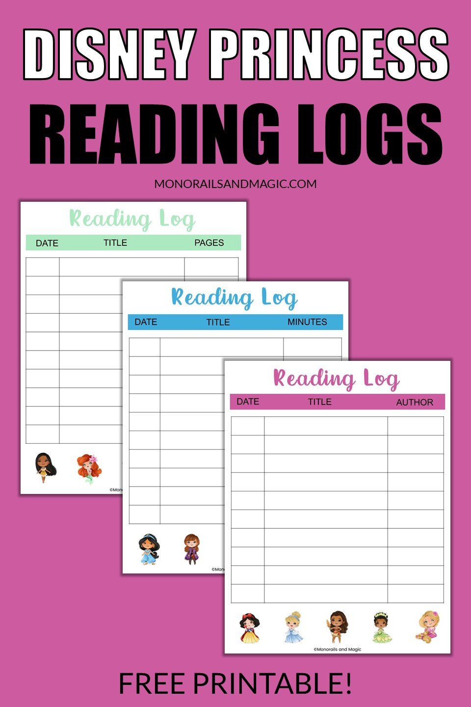 Free printable Disney princess inspired reading logs for kids.