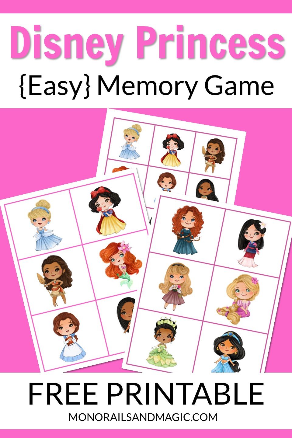 Free printable Disney princess memory game for kids.