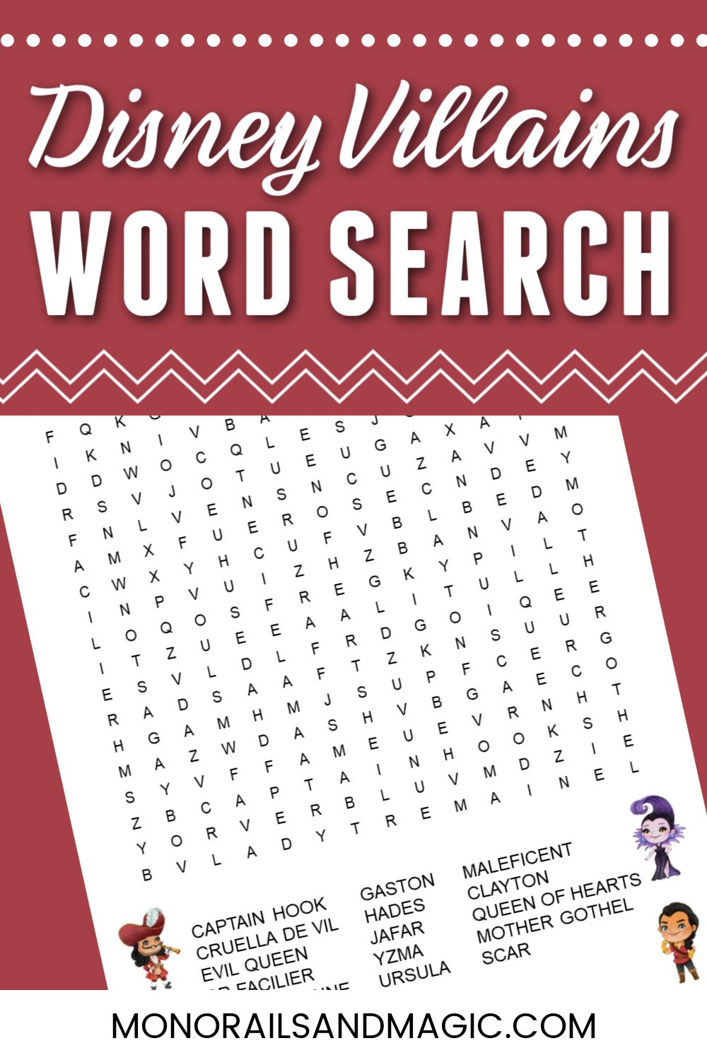 Free printable Disney villains word search for kids.