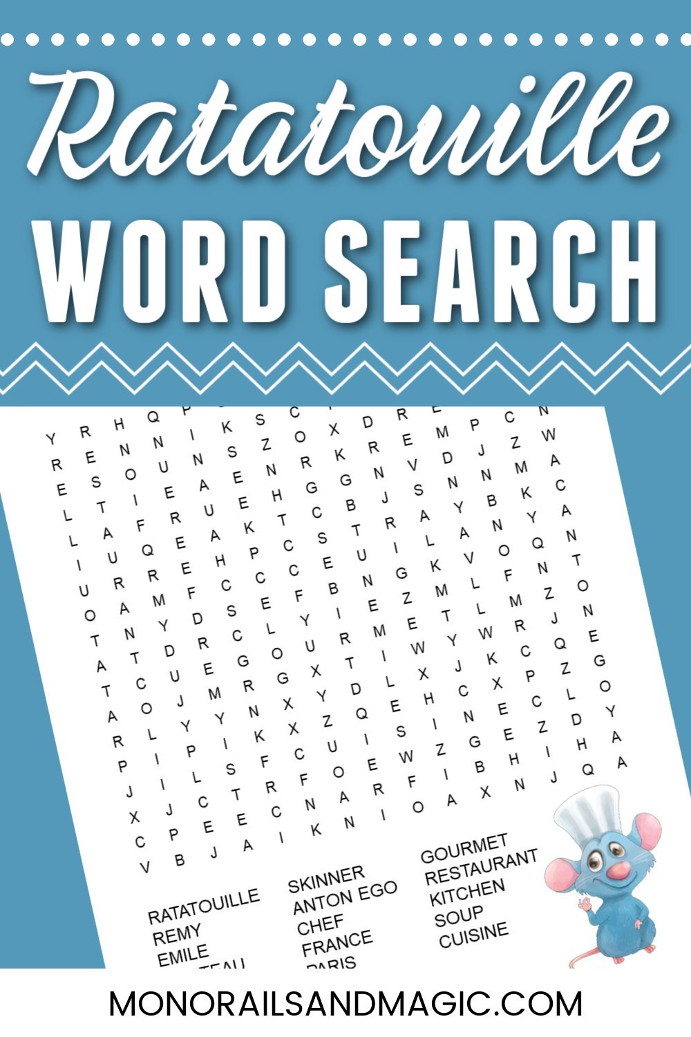 Free printable Ratatouille word search for kids.
