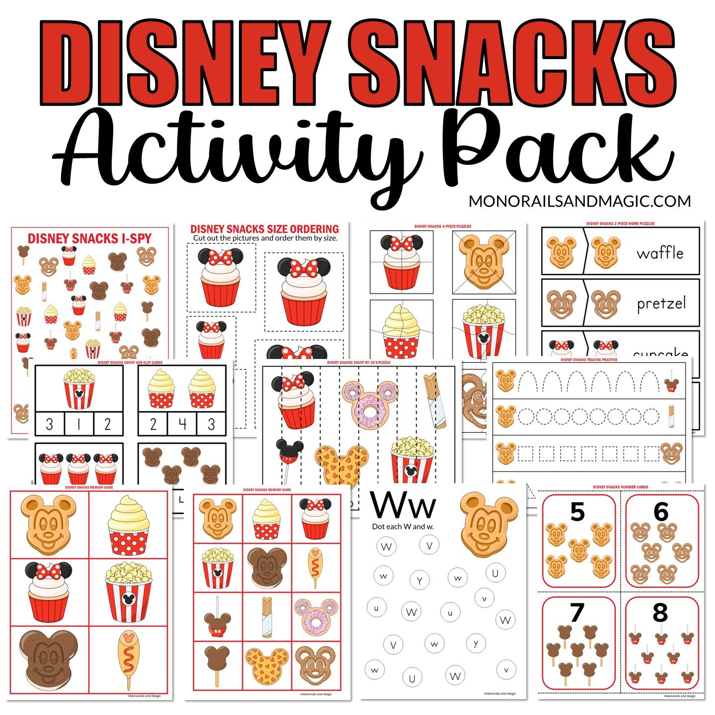 Printable Disney snacks activity pack for kids.