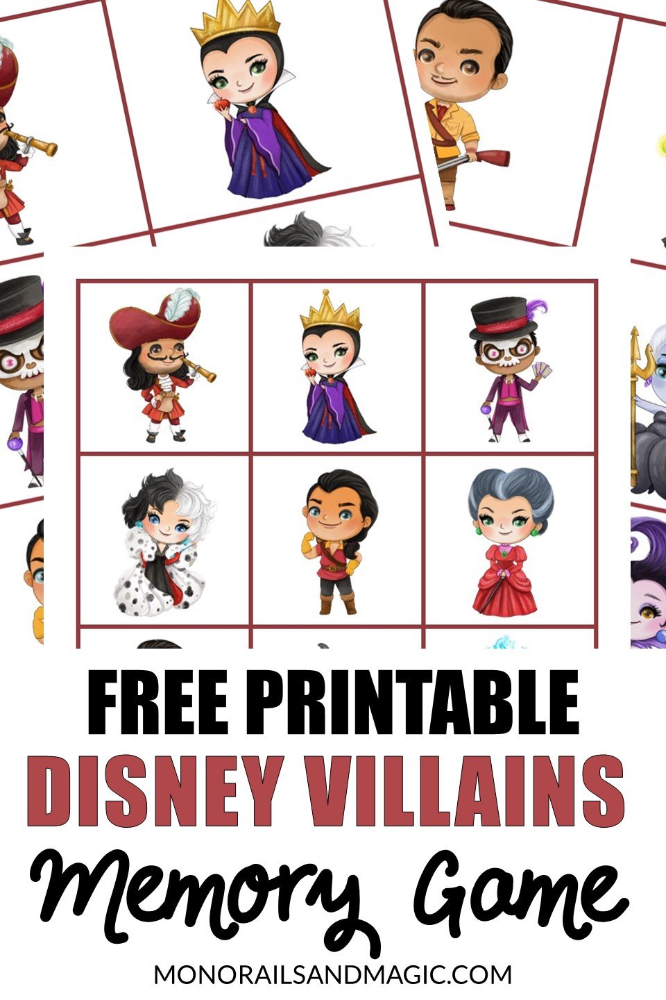 Free printable Disney villains memory game for kids.