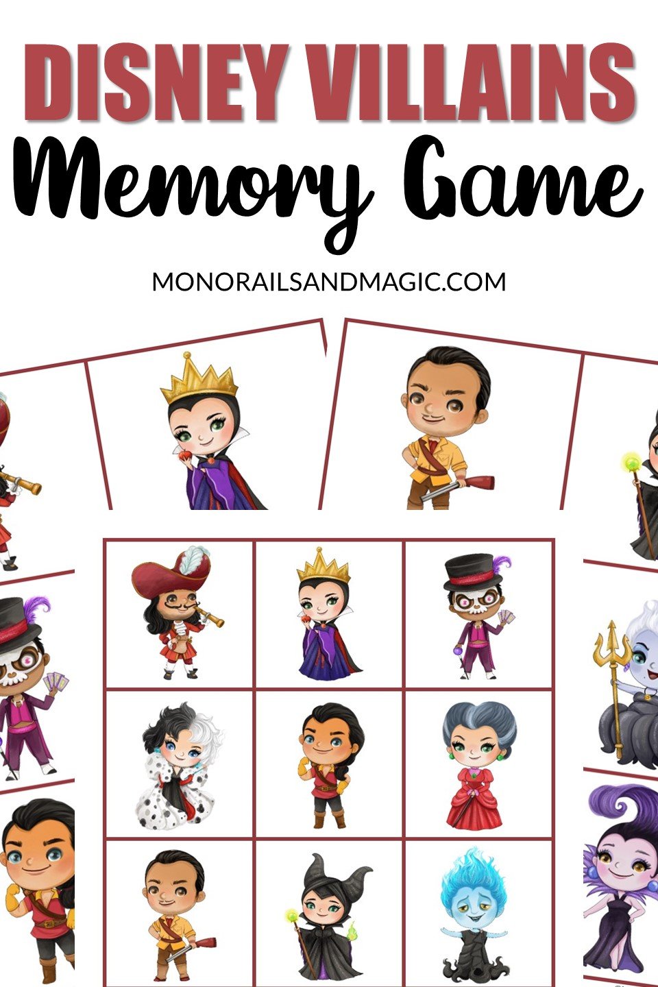 Free printable Disney villains memory game for kids.