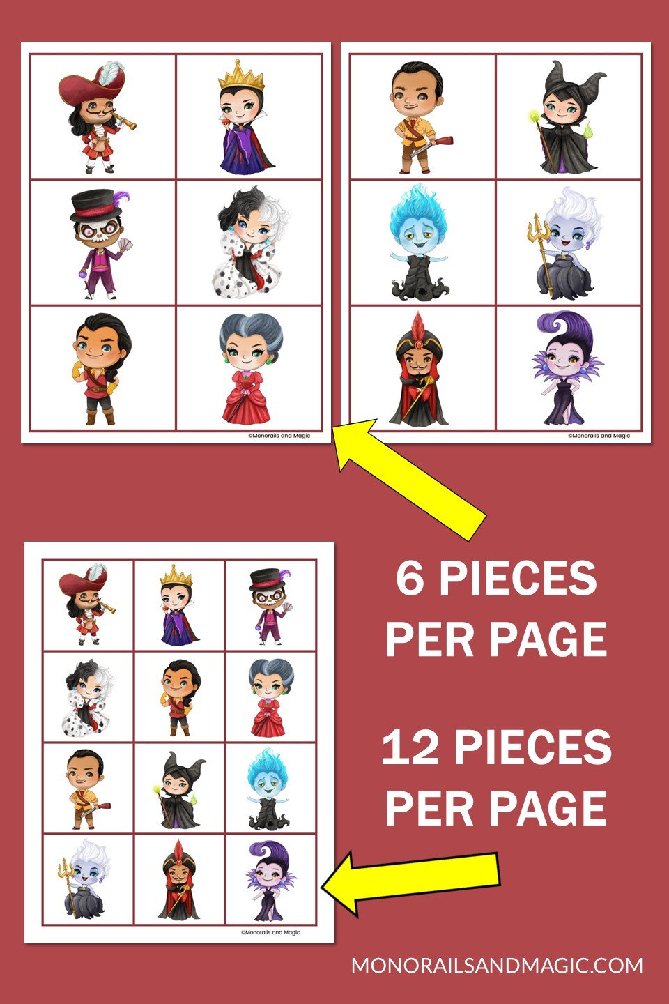 Free printable Disney villains memory game pieces.