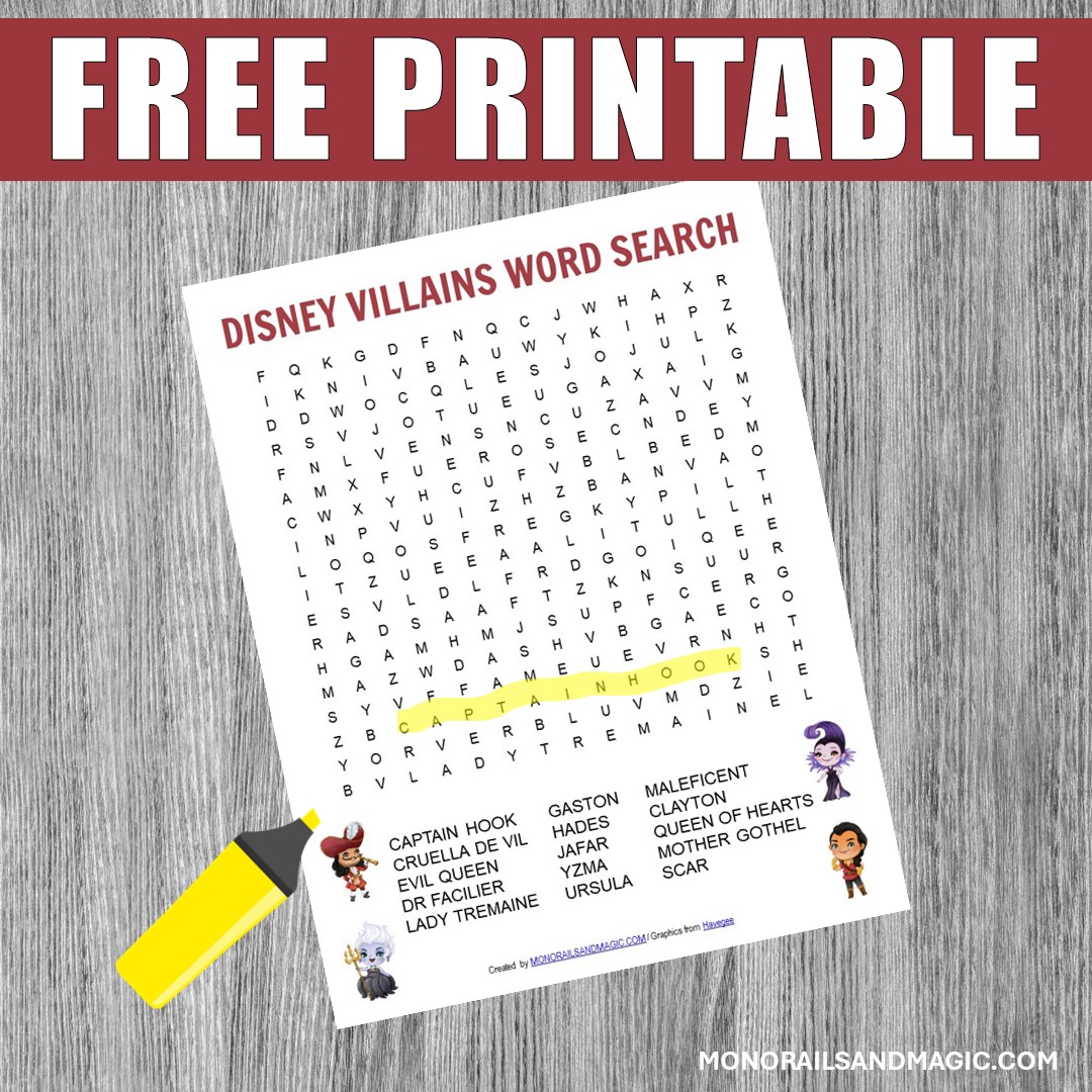 Free printable Disney villains word search for kids.