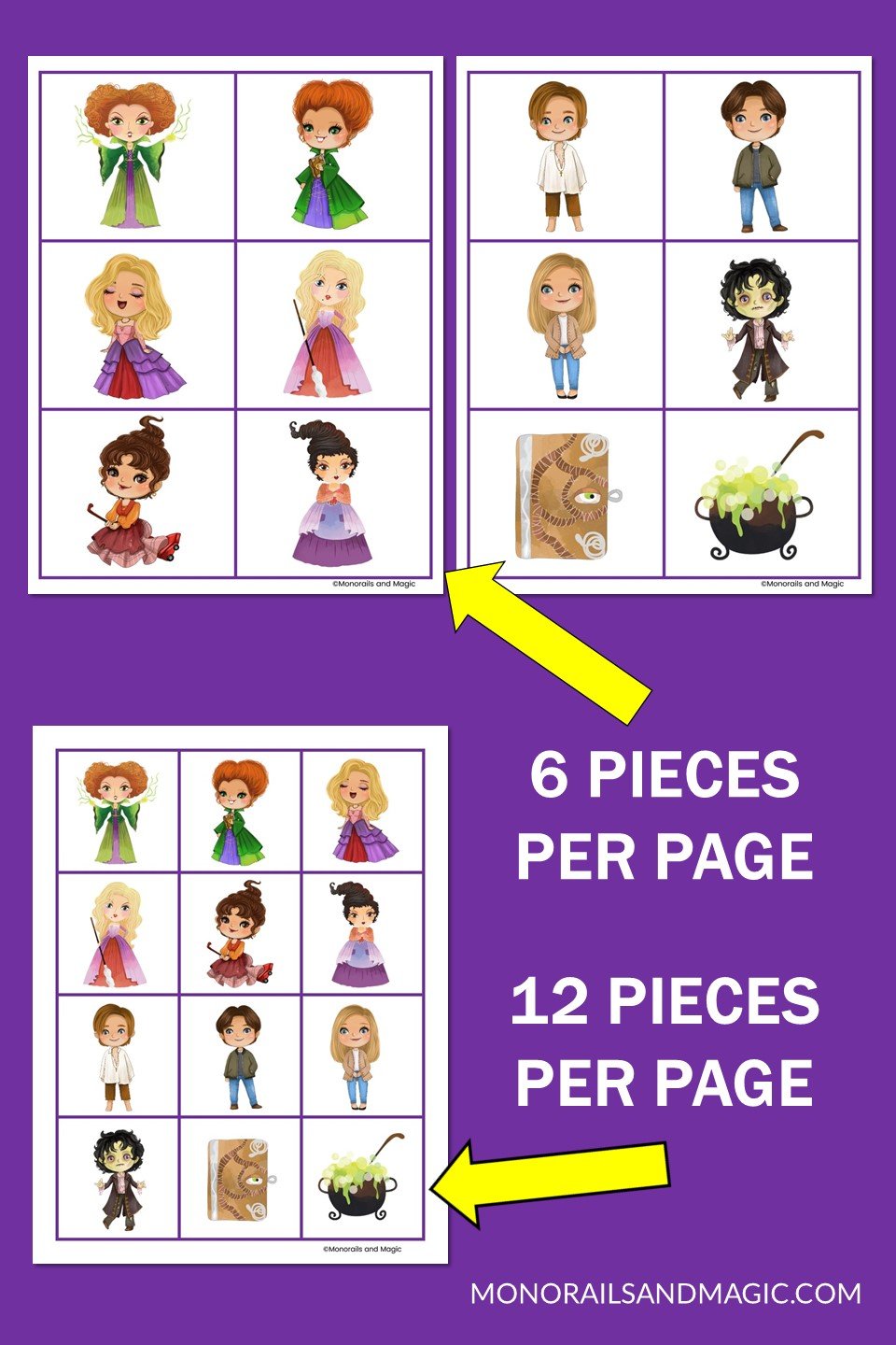 Pieces from the free printable Hocus Pocus memory game for kids.