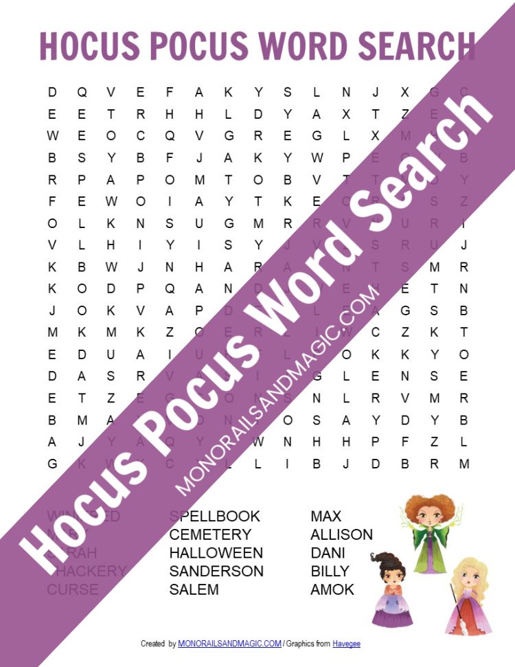 Free printable Hocus Pocus word search for kids.