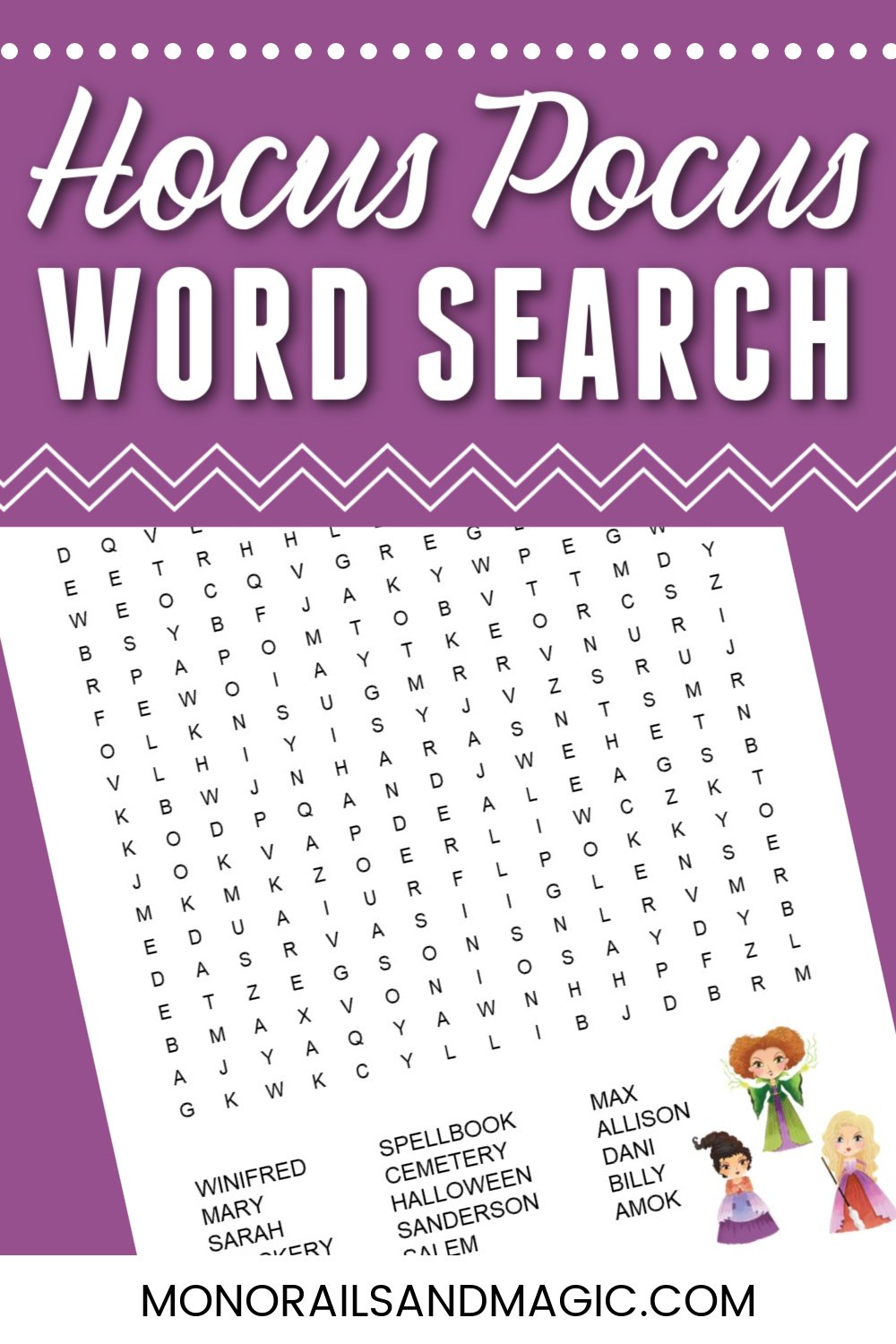 Free printable Hocus Pocus word search for kids.