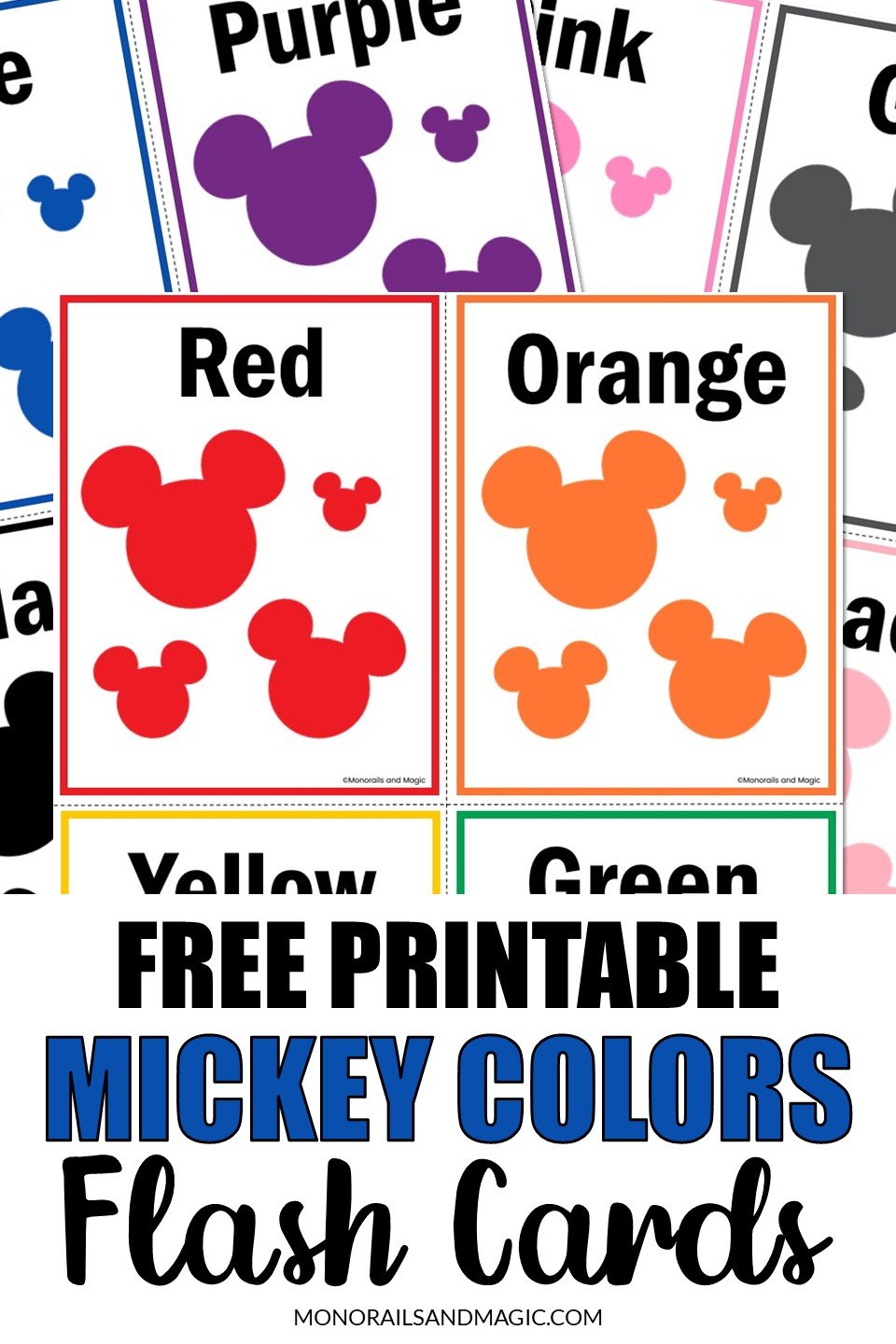Free printable Mickey flash cards in 12 different colors.