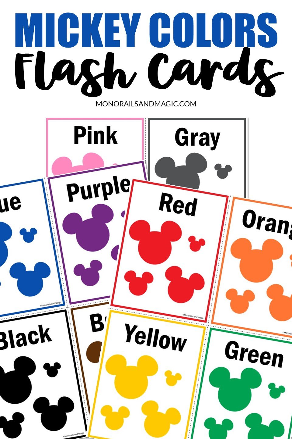 Free printable Mickey flash cards in 12 colors.