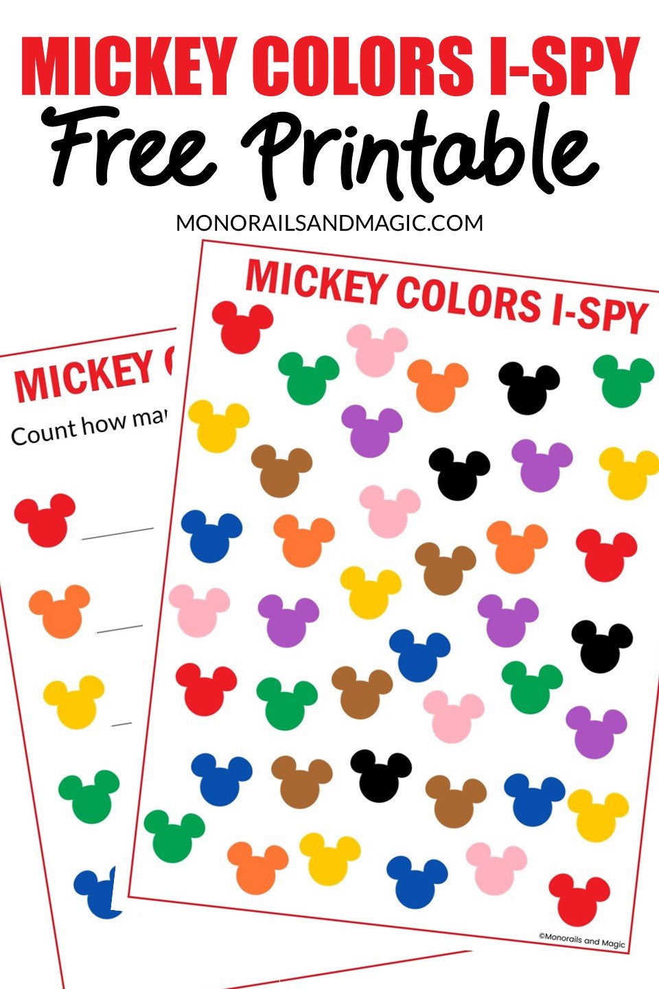Free printable Mickey colors I-spy activity for children.
