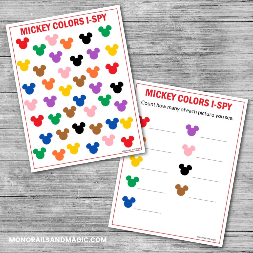 Free printable Mickey colors I-spy activity for kids.