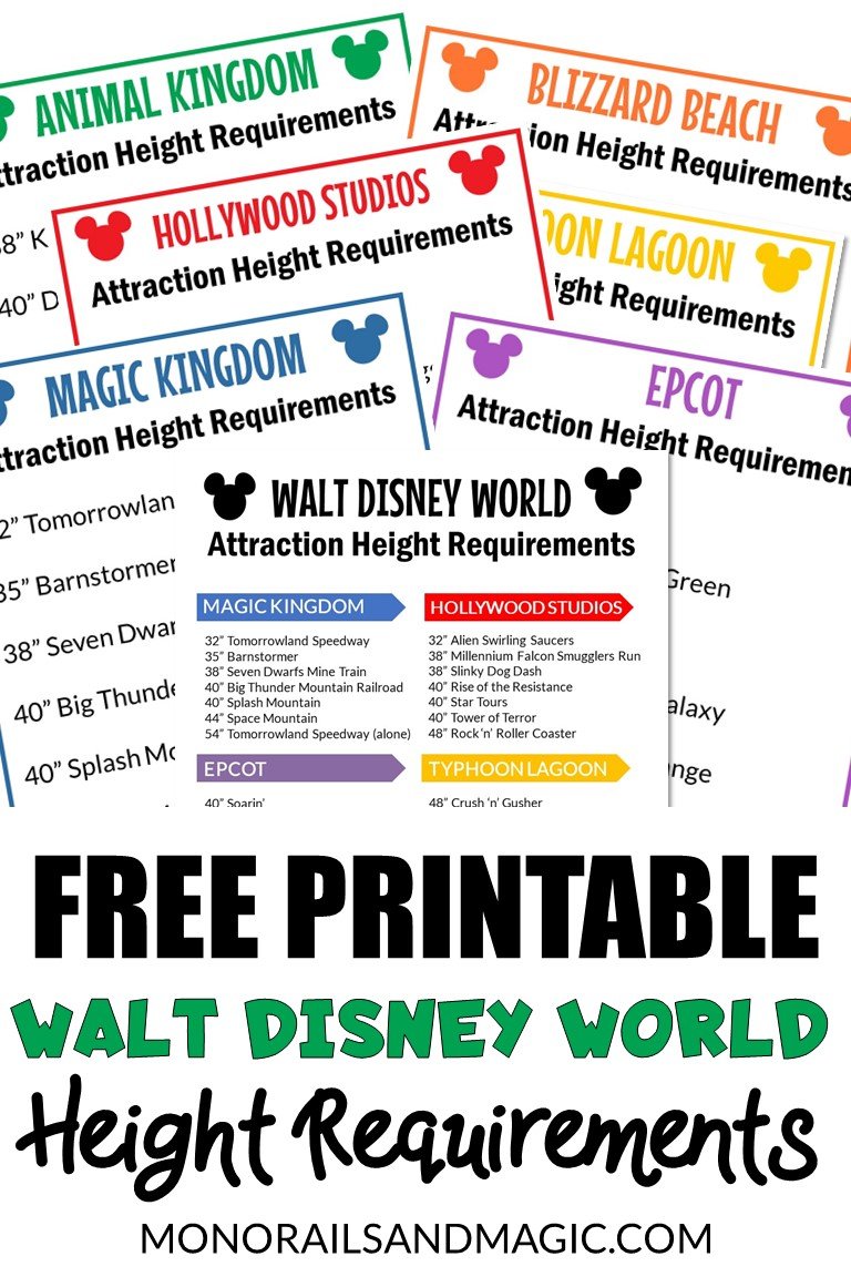 Free printable list of all of the height requirements for Walt Disney World attractions.