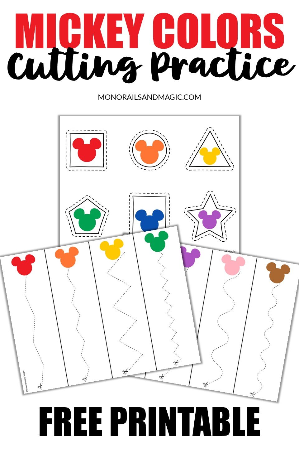 Free printable Mickey colors cutting practice pages.