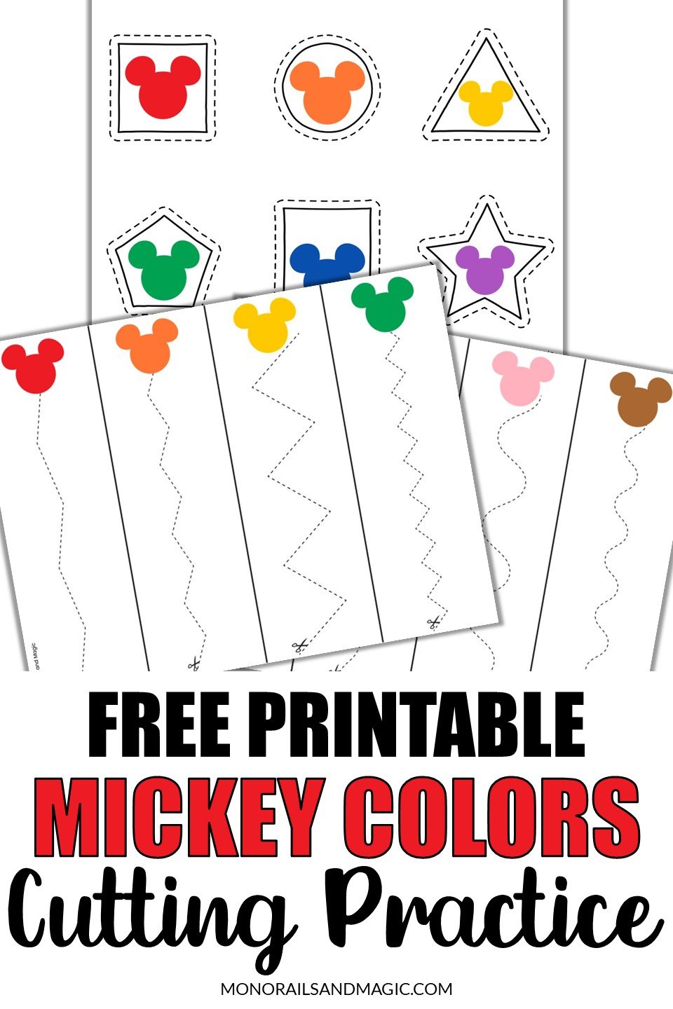 Free printable Mickey colors cutting practice pages for kids.