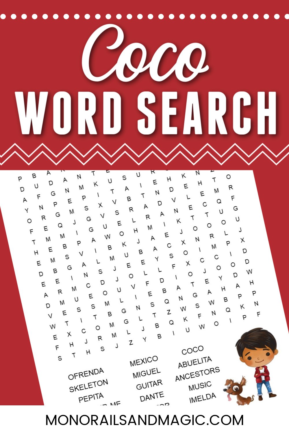 Free printable Coco word search for kids.
