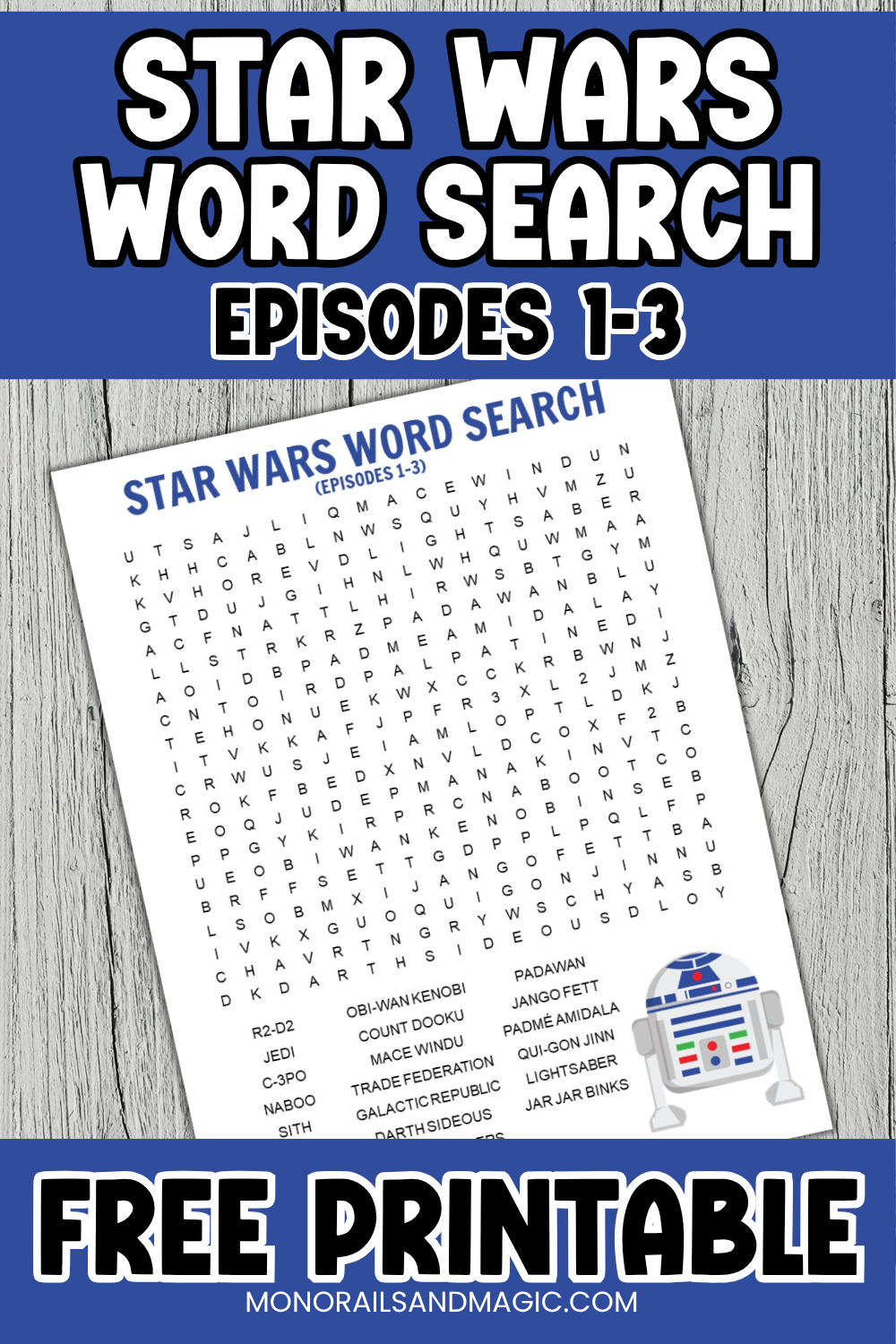 Free printable word search for the Star Wars Episodes 1-3 movies.
